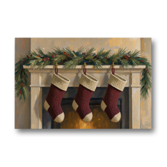 Christmas Mantel Painting with Three Knit Stockings - Canvas Wall Art - Front