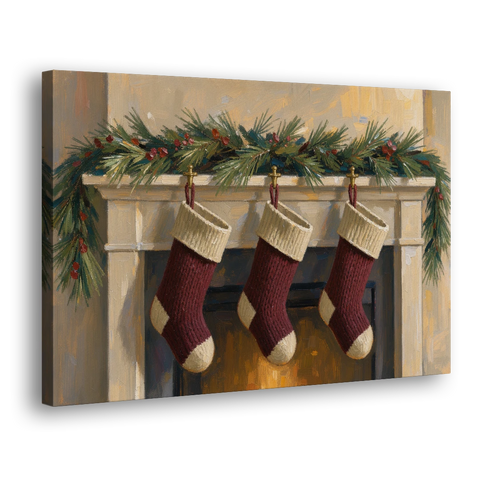 Christmas Mantel Painting with Three Knit Stockings - Canvas Wall Art - Side