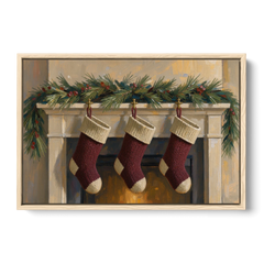 Christmas Mantel Painting with Three Knit Stockings - Oak Framed Canvas Wall Art - Front