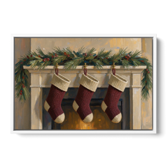 Christmas Mantel Painting with Three Knit Stockings - White Framed Canvas Wall Art - Front