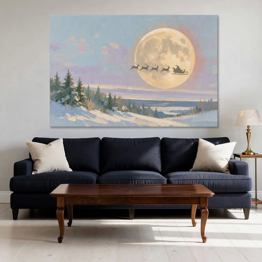 Christmas Moon Painting with Sleigh Silhouette - Canvas Wall Art - Sofa - 60x40