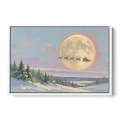 Christmas Moon Painting with Sleigh Silhouette - White Framed Canvas Wall Art - Front