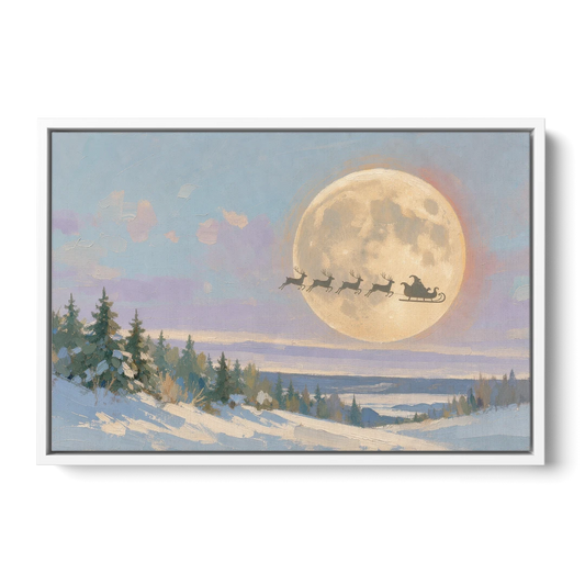 Christmas Moon Painting with Sleigh Silhouette - White Framed Canvas Wall Art - Front