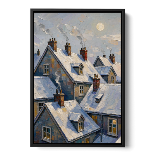 Christmas Moonlit Rooftops and Chimneys for the Mantel - Black Framed Canvas Wall Art - Front