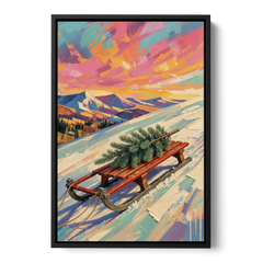 Christmas Paintings on Canvas Sled with Fir Tree - Black Framed Canvas Wall Art - Front