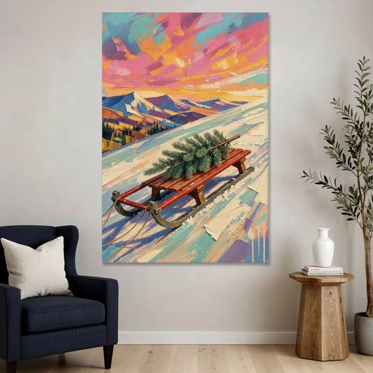 Christmas Paintings on Canvas Sled with Fir Tree - Canvas Wall Art - Sofa - 40x60