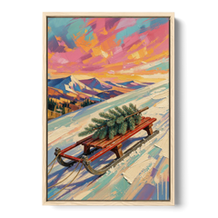 Christmas Paintings on Canvas Sled with Fir Tree - Oak Framed Canvas Wall Art - Front