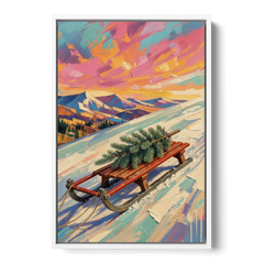Christmas Paintings on Canvas Sled with Fir Tree - White Framed Canvas Wall Art - Front