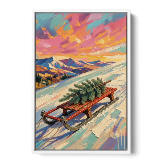 Christmas Paintings on Canvas Sled with Fir Tree - White Framed Canvas Wall Art - Front