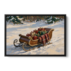 Christmas Sleigh Painting with Plaid Blanket - Black Framed Canvas Wall Art - Front