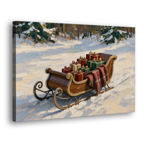 Christmas Sleigh Painting with Plaid Blanket - Canvas Wall Art - Side