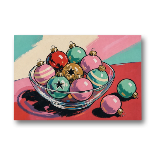 Christmas Still Life Painting of a Bowl of Baubles - Canvas Wall Art - Front