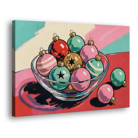 Christmas Still Life Painting of a Bowl of Baubles - Canvas Wall Art - Side