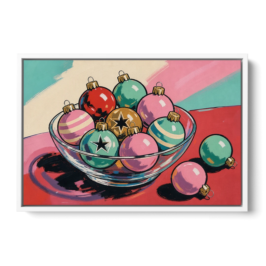 Christmas Still Life Painting of a Bowl of Baubles - White Framed Canvas Wall Art - Front