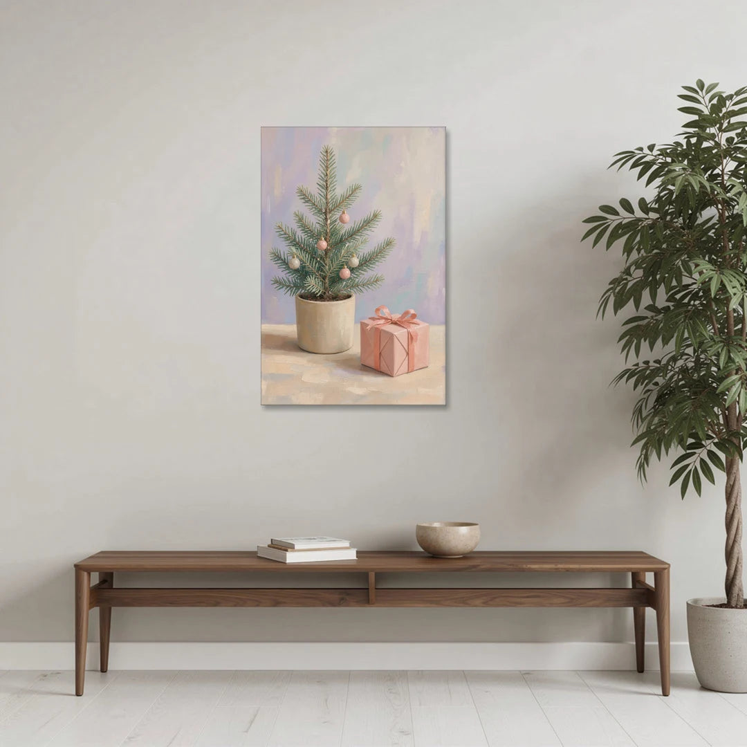 Christmas Tree Art Print with Pink Gift - Canvas Wall Art - Coffee Table - 24x36