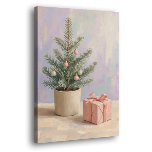 Christmas Tree Art Print with Pink Gift - Canvas Wall Art - Side
