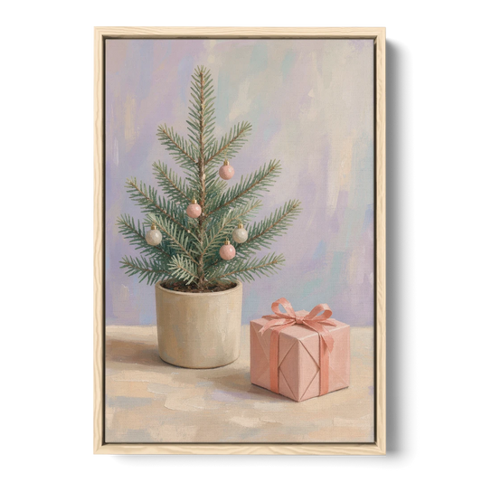 Christmas Tree Art Print with Pink Gift - Oak Framed Canvas Wall Art - Front