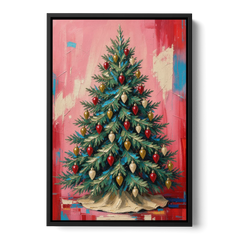 Christmas Tree Canvas Painting with Vintage Bulbs - Black Framed Canvas Wall Art - Front