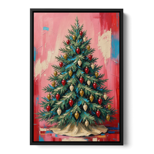 Christmas Tree Canvas Painting with Vintage Bulbs - Black Framed Canvas Wall Art - Front