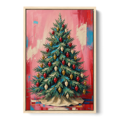 Christmas Tree Canvas Painting with Vintage Bulbs - Oak Framed Canvas Wall Art - Front