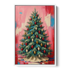Christmas Tree Canvas Painting with Vintage Bulbs - White Framed Canvas Wall Art - Front