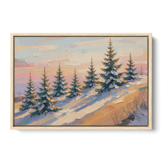 Christmas Tree Farm Painting on a Sunset Hill - Oak Framed Canvas Wall Art - Front
