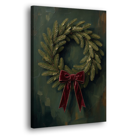 Christmas Wreath Painting with a Velvet Bow - Canvas Wall Art - Side