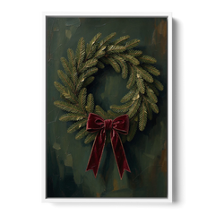 Christmas Wreath Painting with a Velvet Bow - White Framed Canvas Wall Art - Front