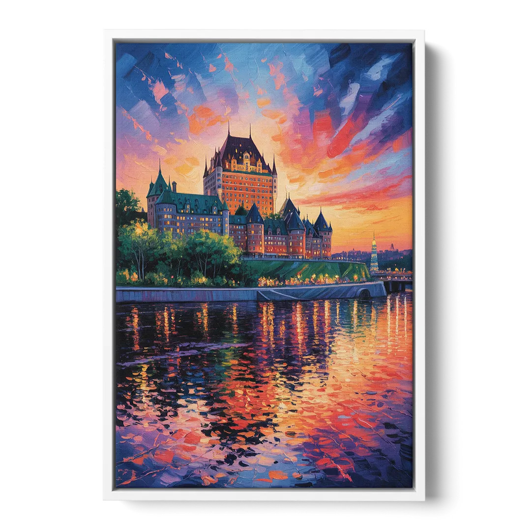 Chteau Frontenac at Sunset Front - White Canvas Wall Art
