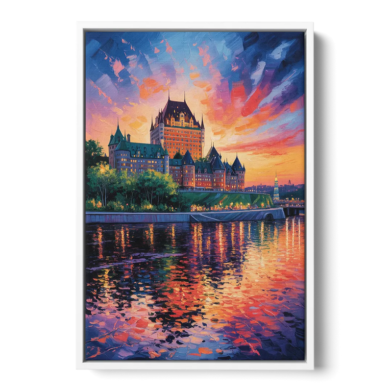 Chteau Frontenac at Sunset Front - White Canvas Wall Art