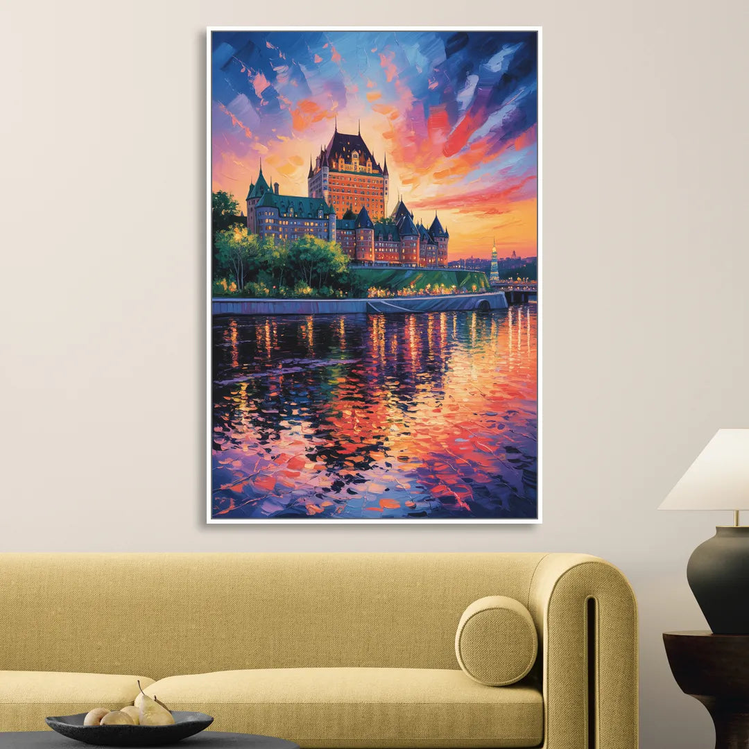Chteau Frontenac at Sunset Sitting Room - White Canvas Wall Art