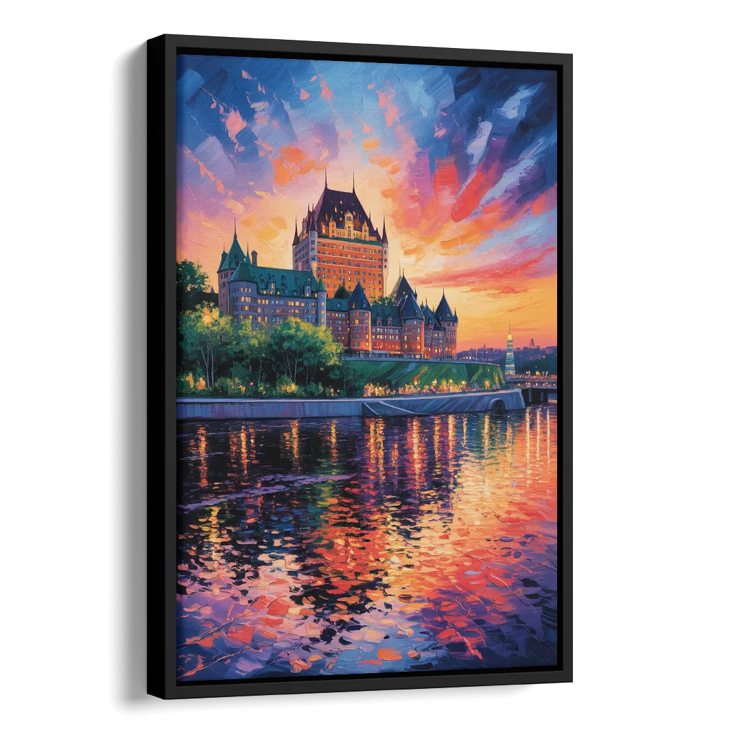 Chteau Frontenac at Sunset Side - Black Canvas Wall Art