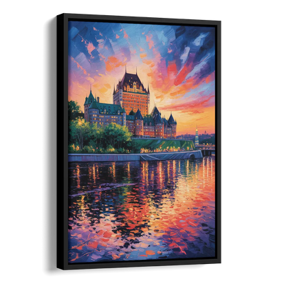 Chteau Frontenac at Sunset Side - Black Canvas Wall Art