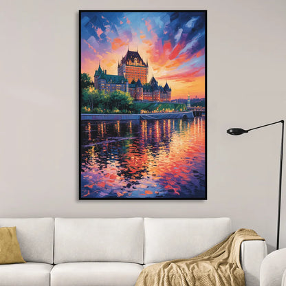 Chteau Frontenac at Sunset Living Room - Black Canvas Wall Art