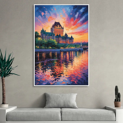 Chteau Frontenac at Sunset Living Room - White Canvas Wall Art