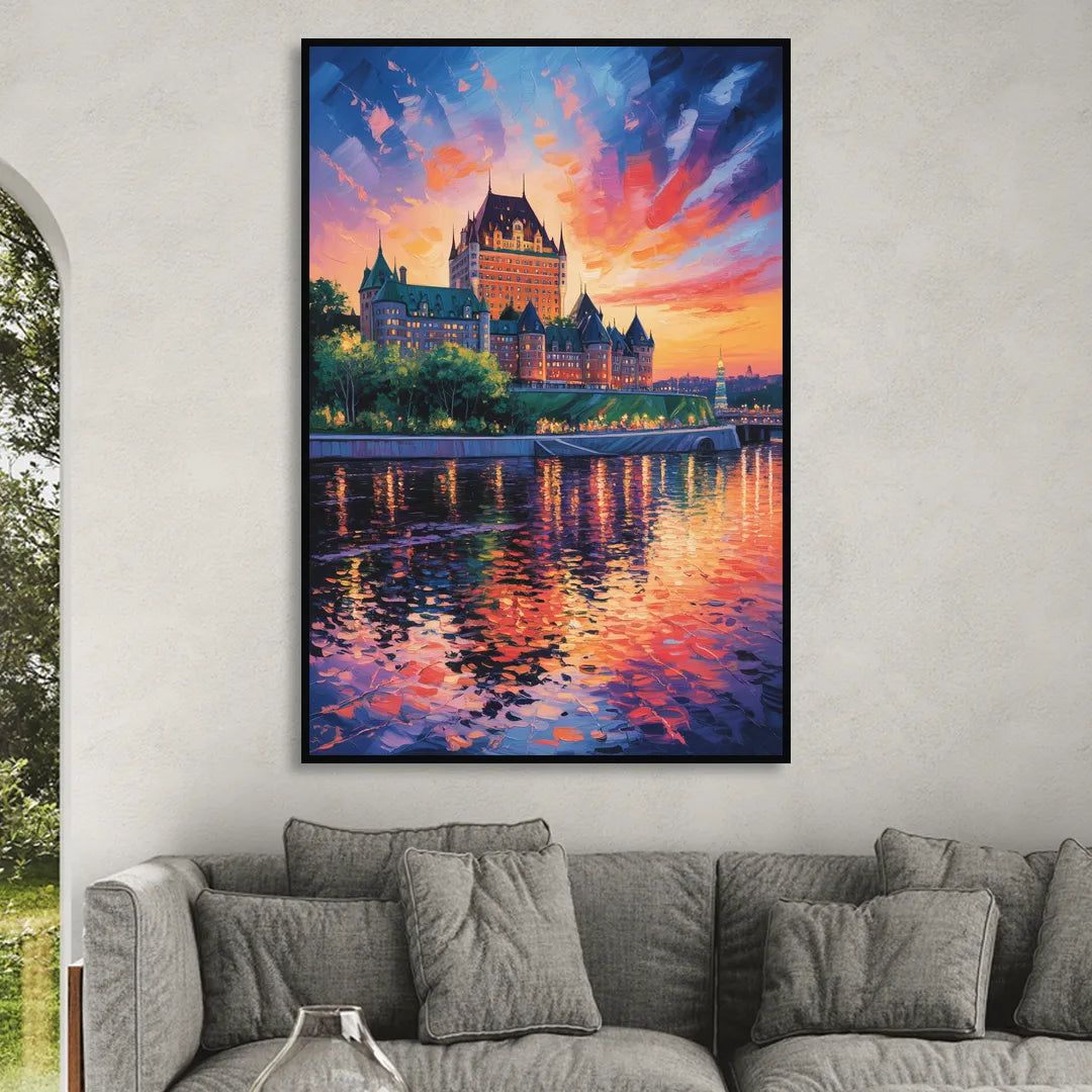 Chteau Frontenac at Sunset Sitting Room - Black Canvas Wall Art
