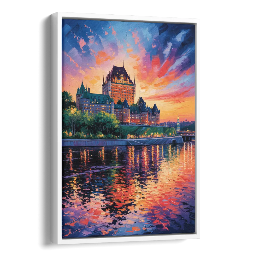 Chteau Frontenac at Sunset Side - White Canvas Wall Art