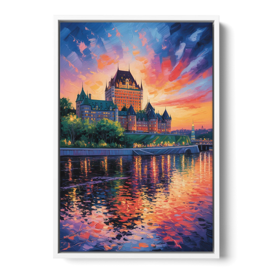Chteau Frontenac at Sunset - White Framed Canvas Wall Art - Front