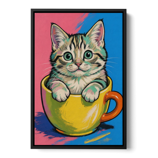 Chubby Kitten Stuck in a Yellow Mug - Black Framed Canvas Wall Art - Front