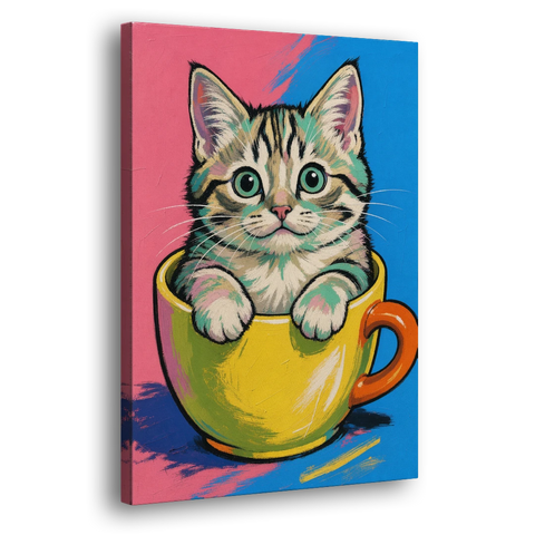 Chubby Kitten Stuck in a Yellow Mug - Canvas Wall Art - Side