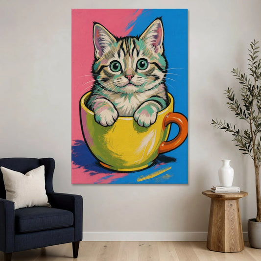 Chubby Kitten Stuck in a Yellow Mug - Canvas Wall Art - Sofa - 40x60