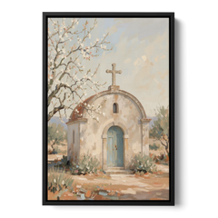 Church Wall Art of a Chapel in Almond Blossom - Black Framed Canvas Wall Art - Front
