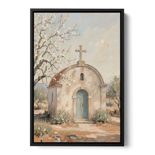 Church Wall Art of a Chapel in Almond Blossom - Black Framed Canvas Wall Art - Front