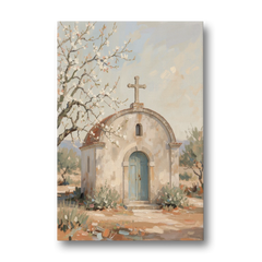 Church Wall Art of a Chapel in Almond Blossom - Canvas Wall Art - Front