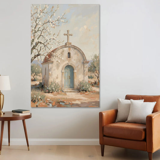 Church Wall Art of a Chapel in Almond Blossom - Canvas Wall Art - Sofa - 40x60