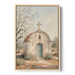 Church Wall Art of a Chapel in Almond Blossom - Oak Framed Canvas Wall Art - Front