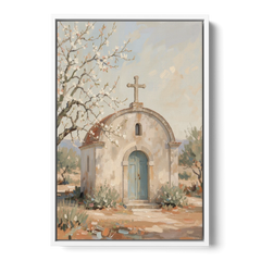 Church Wall Art of a Chapel in Almond Blossom - White Framed Canvas Wall Art - Front