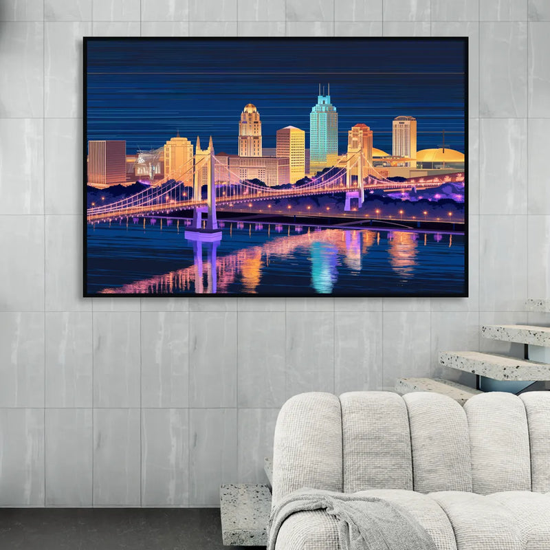 Cincinnati Nighttime Skyline Living Room - Black Canvas Wall Art