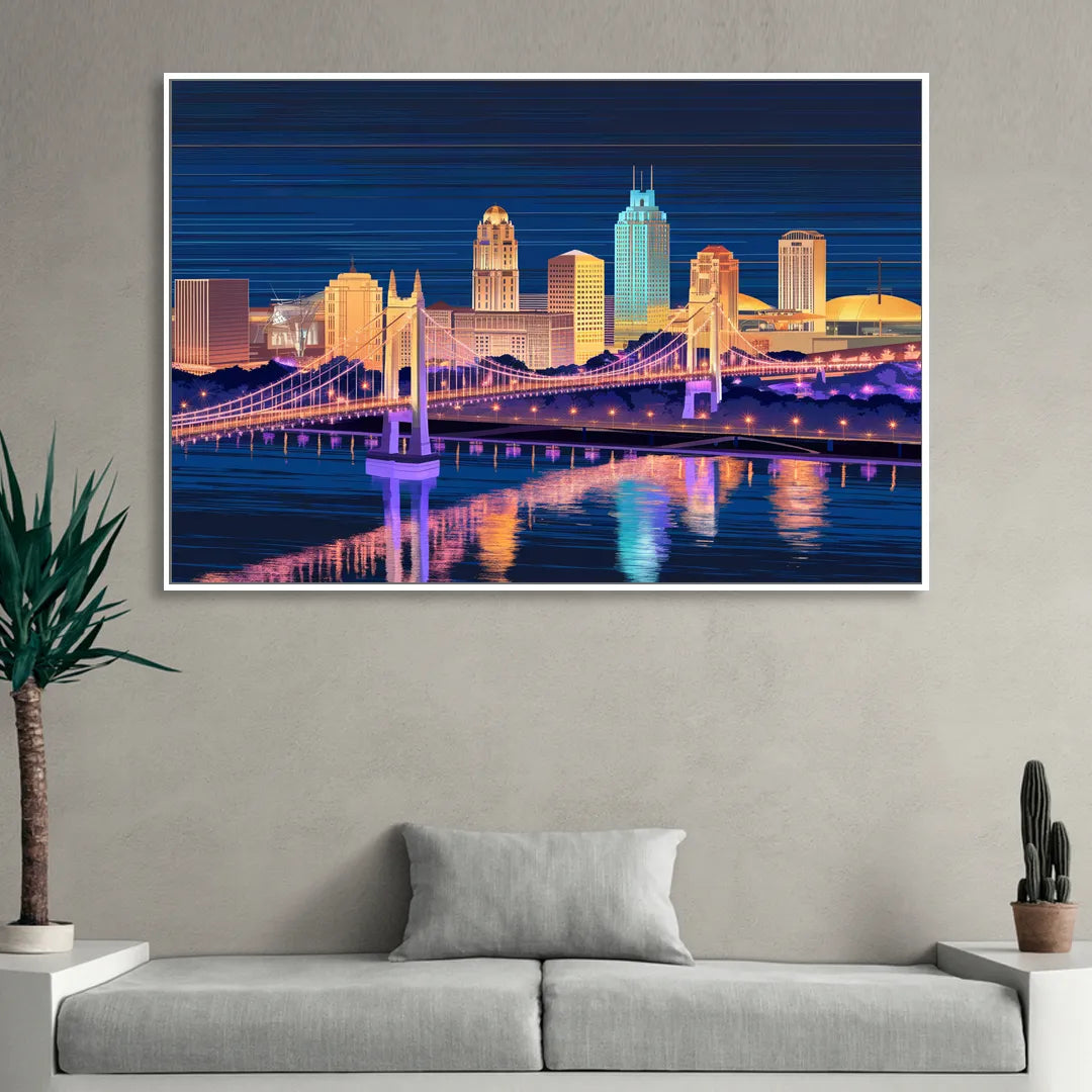 Cincinnati Nighttime Skyline Sitting Room - White Canvas Wall Art