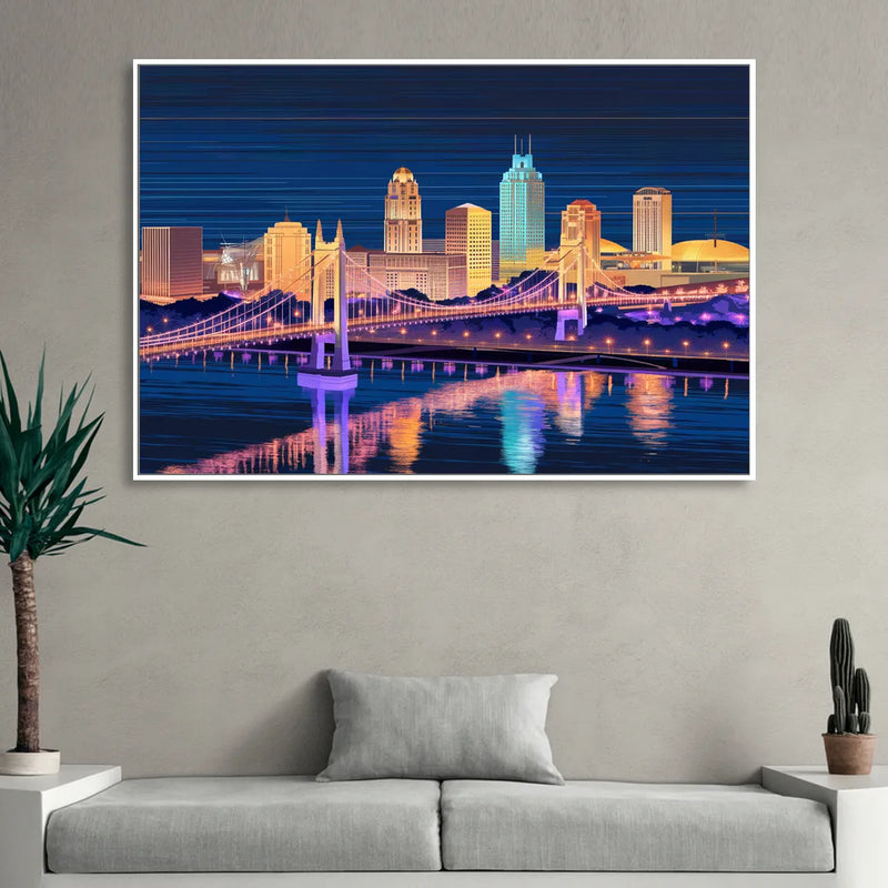 Cincinnati Nighttime Skyline Sitting Room - White Canvas Wall Art